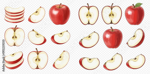 Set of fresh red apples, whole, half, and sliced, isolated on transparent background, healthy fruit collection.