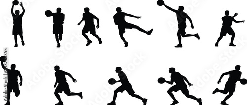 Collection of black silhouettes of male basketball players in various action poses on a white background