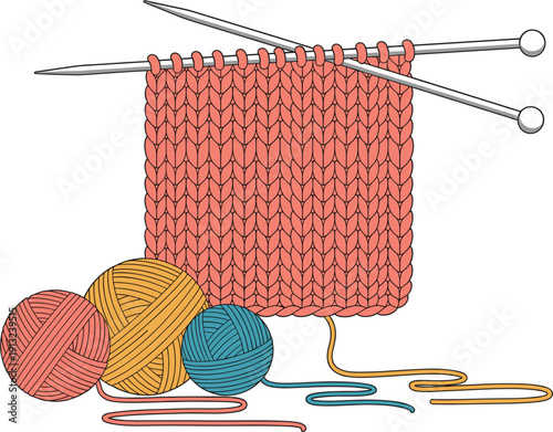 Knitting Fabric Swatch with Needles and Colorful Yarn Balls Cozy Handmade Craft Textile Vector Illustration Isolated on Background