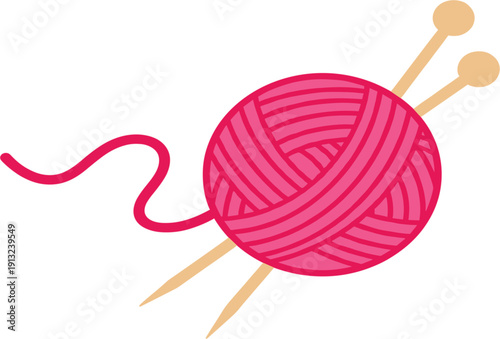 Pink Yarn Ball with Knitting Needles Simple Flat Icon for Handmade Craft, Crochet Hobby and Textile Design Vector Illustration