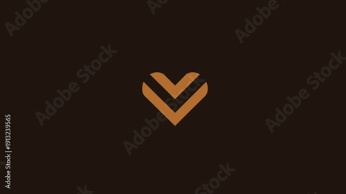 A heart-shaped graphic with two inverted chevrons in a lighter brown color on a dark brown background