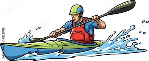 Brave kayaker paddling through splashing white water rapids in blue and green touring kayak