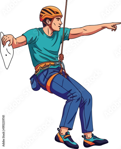 Brave rock climber hanging from rope pointing towards the next hold on vertical cliff