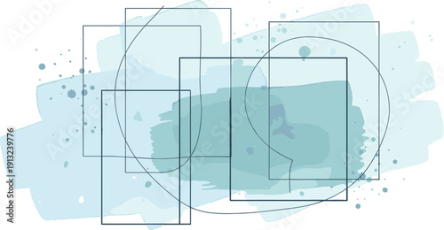 Abstract Blue Watercolor Background with Geometric Line Frames and Circular Shapes Modern Minimal Artistic Vector Illustration Design