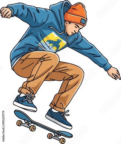 Cool skateboarder jumping high performing trick wearing blue hoodie and orange beanie hat