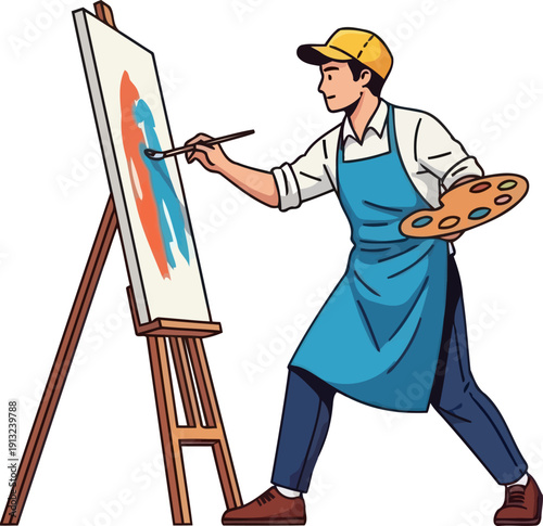 Creative male artist painting abstract colorful strokes on canvas while wearing a blue apron