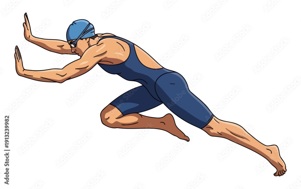 Fototapeta premium Fast competitive swimmer in blue swimsuit diving into water showing perfect form and speed
