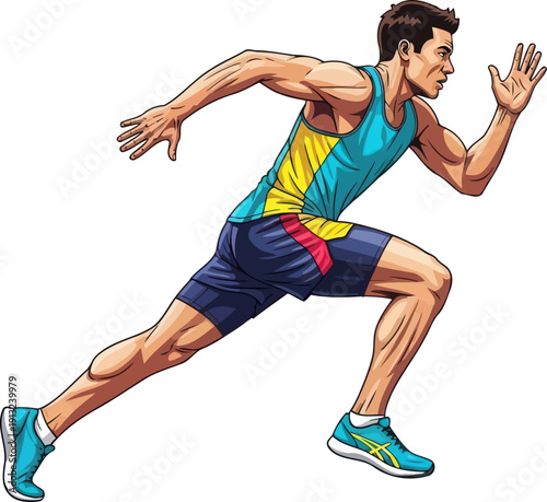 Fast male sprinter in athletic wear running at full speed during track and field competition