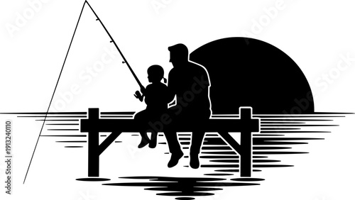 Father's day Father and Daughter Fishing Silhouette Vector Illustration on a Wooden Dock at Sunset | Minimalist Black Icon for Family Bonding, Hobby, and Outdoor Recreation Logo Design