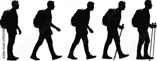 Hiker silhouettes set with backpack and trekking poles walking isolated on white background for adventure, travel and outdoor activity design