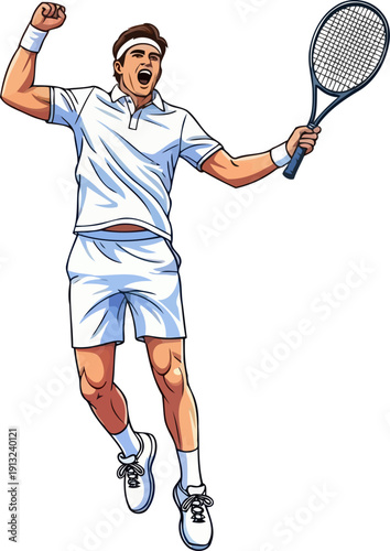 Joyful tennis player celebrating victory with raised fist and racket after winning a match