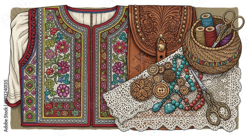 Traditional embroidery tools and accessories with beads and scissors