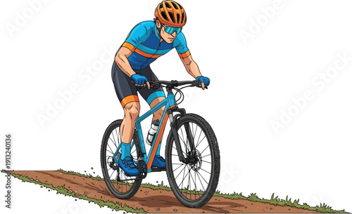 Intrepid mountain biker riding a bicycle on a dirt trail through the countryside