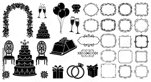 A Collection of Wedding and Celebration Icons Featuring Cakes, Arches, Balloons, Rings, and Decorative Frames