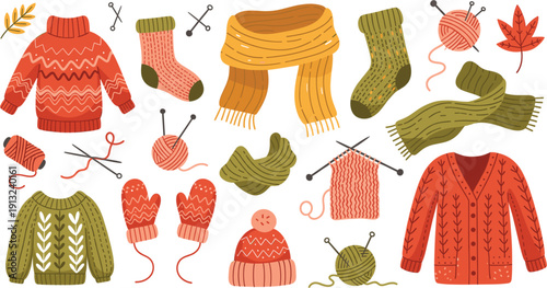 Cozy Autumn and Winter Knitted Clothing Set with Sweaters, Scarves, Socks, Mittens and Yarn Balls Warm Seasonal Vector Illustration