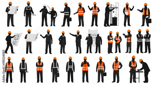 Collection of construction worker silhouettes, depicting engineers and industrial personnel in various professional roles, emphasizing teamwork, development, and workplace safety
