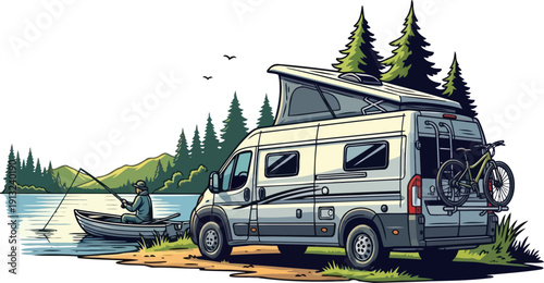 Peaceful camping scene with modern camper van parked by lake and man fishing in boat