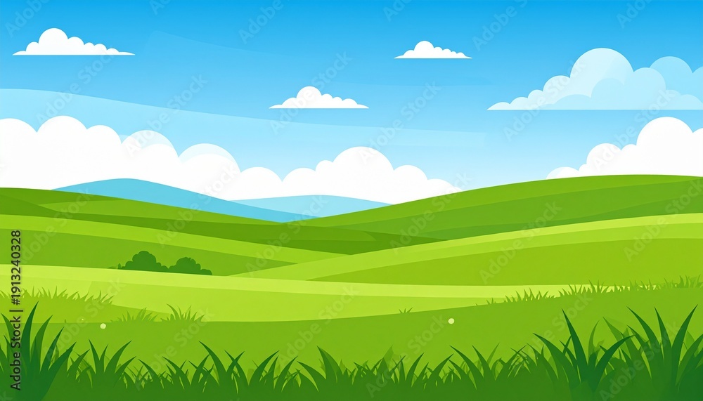 Fototapeta premium Vibrant green rice field landscape with blue sky and fluffy clouds summer nature scenery