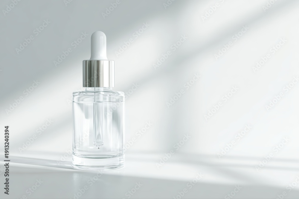 Naklejka premium Glass cosmetic serum dropper bottle on white background with sunlight shadow, minimalist skincare mockup