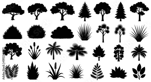 Extensive natural plant silhouettes, featuring diverse trees, bushes, and botanical shapes for graphic design, landscaping, and nature-themed digital projects