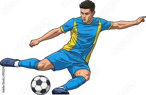 Professional soccer player in blue uniform kicking a ball with powerful athletic precision