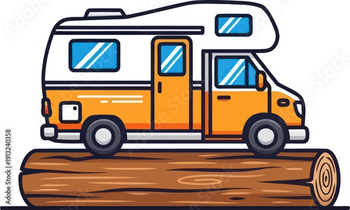 Quirky orange and white camper van parked on large wooden log travel illustration