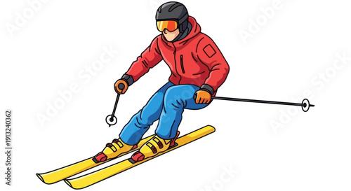 Skilled male skier in red jacket and blue pants descending snowy slope with poles