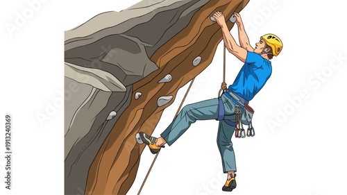 Skilled rock climber in blue shirt using rope and harness to scale steep mountain cliff