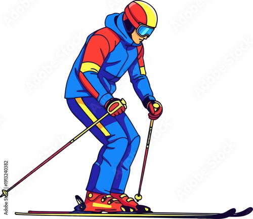 Skilled downhill skier in colorful gear gliding through the snow on a winter day
