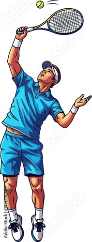 Skilled tennis player performing high serve looking up at ball during professional tournament match