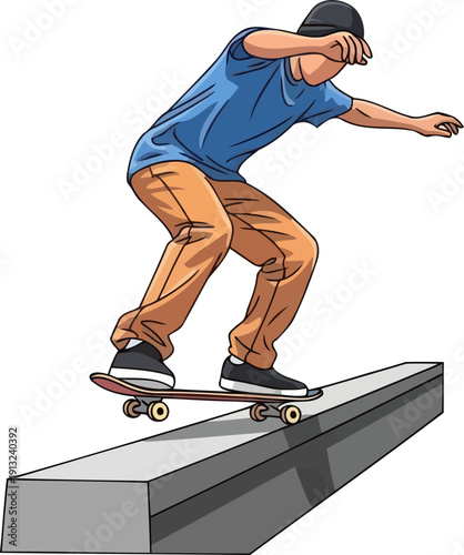 Skillful skateboarder performing a smooth grind on a concrete ledge in an urban park