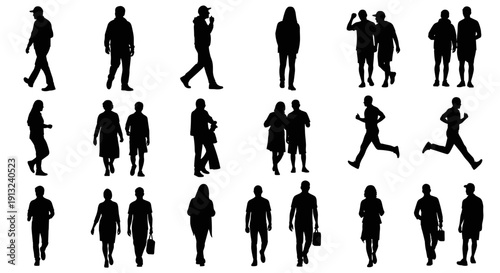 Collection of diverse human silhouettes for graphic design, architectural visualization, and urban planning, representing daily activities and human movement