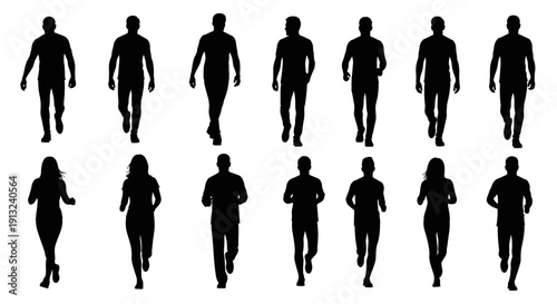 Dynamic black silhouettes of diverse men and women in various active poses, illustrating the full spectrum of human movement from walking to energetic running actions