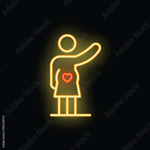 Neon sign of a pregnant woman with a heart shape on her belly, waving her hand