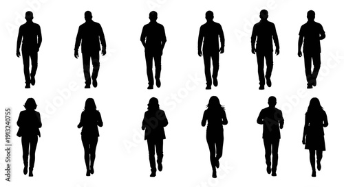 Diverse collection of walking human silhouettes, men and women, versatile cutout elements for architectural renderings, urban planning, and modern graphic design projects