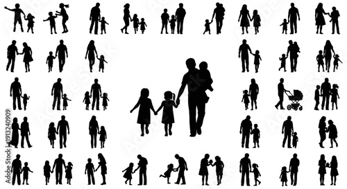 Vector set of diverse family units, including parents and children, highlighting the core concept of human connection, parental guidance, and generational continuity through various interactions