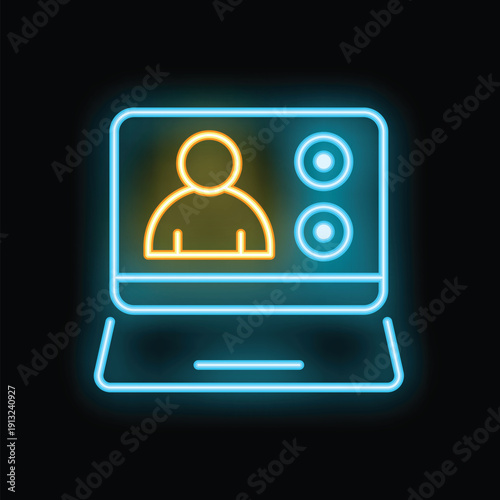 Neon icon of a video call interface on a laptop screen displaying a user profile and options
