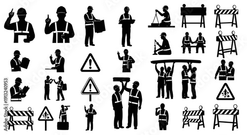 Silhouettes of construction workers and safety equipment such as traffic cones and barriers, illustrating industrial work and safety protocols