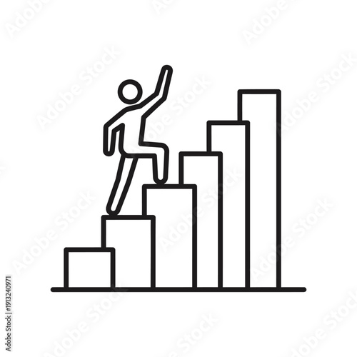 Person icon with raised arm steps up a progressively taller bar graph, symbolizing career success and upward mobility.