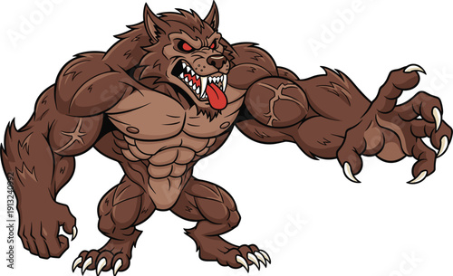 Powerful Cartoon Muscular Werewolf Mascot Character With Red Eyes And Sharp Claws For Halloween Horror Monster Fitness Or Aggressive Sports Team Logo Vector Illustration