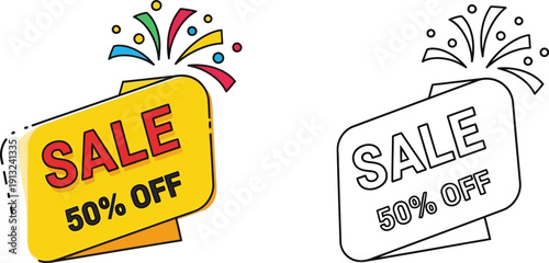 Sale fifty percent off yellow ribbon tag vector illustration with confetti burst and line art version