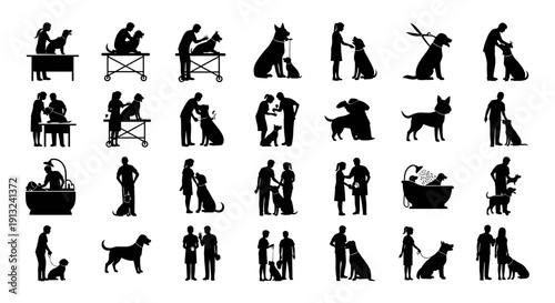 Comprehensive black silhouette vector icons for dog care grooming, training, walking, and owner-pet interaction. Ideal for pet service branding