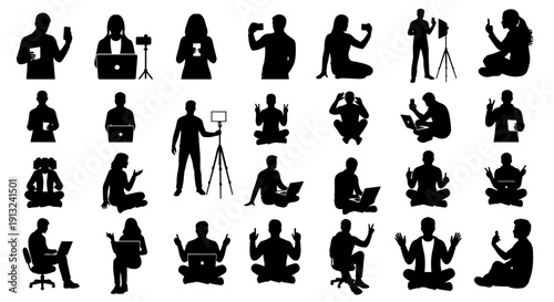 Diverse silhouettes depicting people actively engaging with digital technology, illustrating modern lifestyles, online communication, remote work, and the creation of digital content