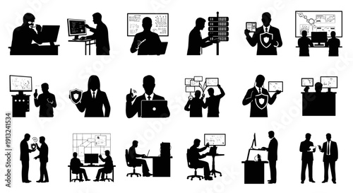 Modern Silhouettes Information Technology, Cybersecurity, Data Management, Business Operations, and Professional Collaboration in Digital Settings