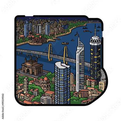 Cityscape illustration of modern skyscrapers and harbour bridge with boats from an aerial viewpoint at dusk pektor420 eps