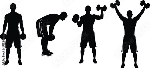 Silhouette illustration of person performing dumbbell exercises, workout sequence showing deadlift, bicep curl, shoulder press, fitness training vector artwork isolated