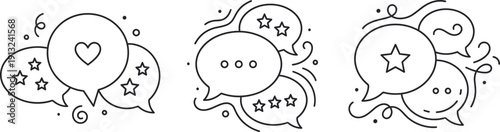 Stylized speech bubble icons with heart, star, and ellipsis symbols surrounded by decorative elements, representing feedback, communication, rating, and social interaction design concepts