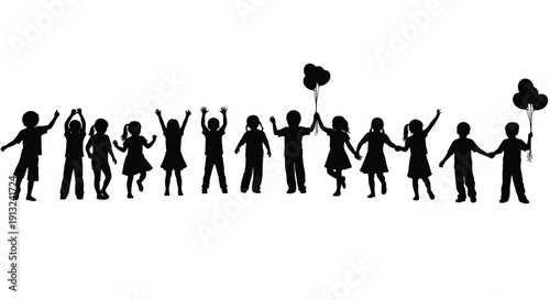 Silhouette illustration of thirteen children standing together, holding hands, raising arms, balloons, joyful celebration vector artwork representing friendship, unity, childhood activity