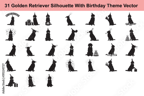 Golden retriever silhouettes with birthday theme celebrating and playing with party elements and gifts