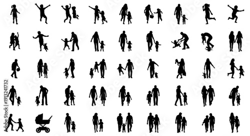Collection of diverse black silhouettes depicting families, couples, and individuals in various activities and poses, showcasing human movement and interaction